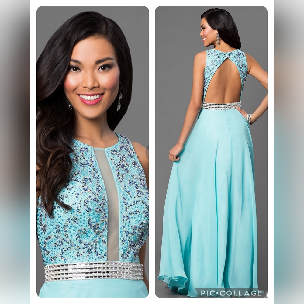 Dave and Johnny Chiffon Beaded Sequins Sheer Panel Cutouts Aqua Dress Size 4